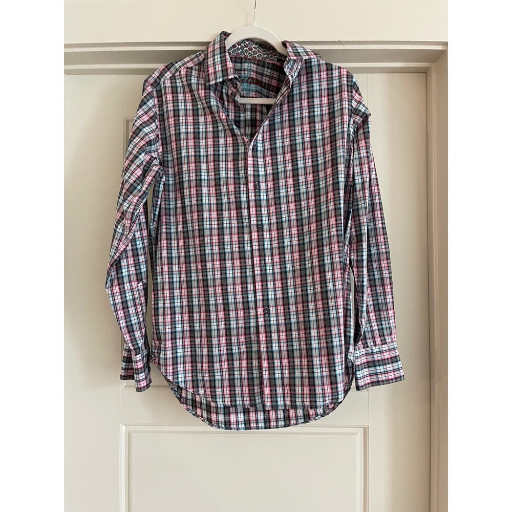 Robert Graham Mens Plaid Button Down Shirt Pink Blue Flip Cuff Sz Small Luxury